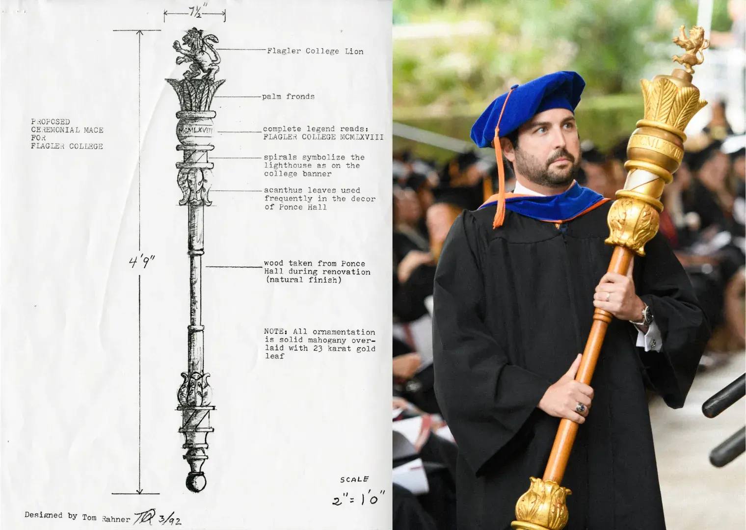 Original sketch of Mace conjoined with image of Professor Behl presenting it at a past Commencement.
