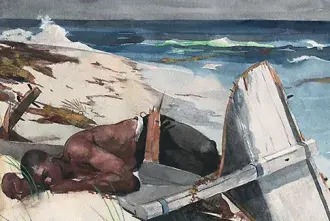 Watercolor of a man laying on a beach next to the debris of a wrecked boat.