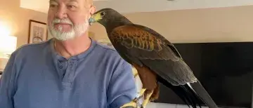 Dan McCook holding a falcon on his left arm