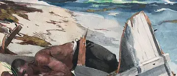news-Homer-After-the-Hurricane-505x505.jpg Watercolor of a man laying on a beach next to the debris of a wrecked boat.